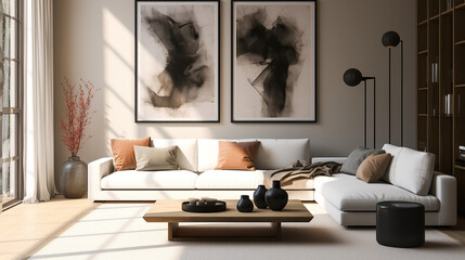 Stylish Living Room Interior with an Abstract Frame Poster, Modern interior design, 3D render, 3D illustration