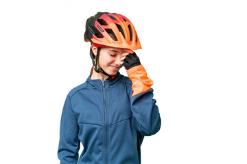 Teenager cyclist girl over isolated chroma key background laughing - obrazy, fototapety, plakaty