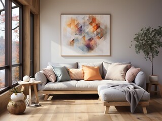 Modern living room with sofa, coloful cushions, frame, made with generative AI
