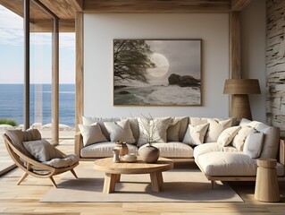 Luxury and cozy living room with views, frame, wooden,  made with generative AI