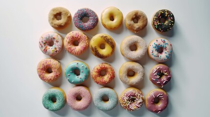 Set of donuts in rows - white, pink, blue, yellow, purple, chocolate on a white background. Top view - obrazy, fototapety, plakaty