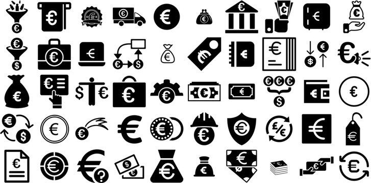 Massive Collection Of Euro Icons Bundle Hand-Drawn Black Concept Clip Art Icon, Finance, Symbol, Coin Logotype Isolated On Transparent Background