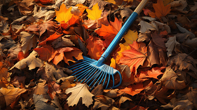 Rake with fallen leaves at autumn. Generative Ai