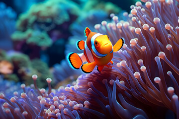 Naklejka na ściany i meble vibrant clownfish swimming in coral reef sea