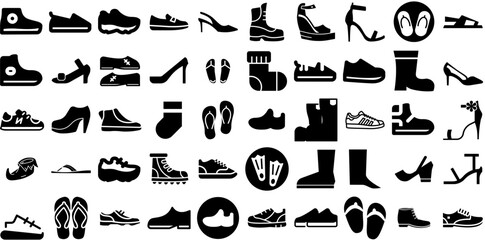 Huge Set Of Footwear Icons Bundle Hand-Drawn Linear Modern Symbol Pack, Icon, Heel, Shoe Glyphs Isolated On Transparent Background