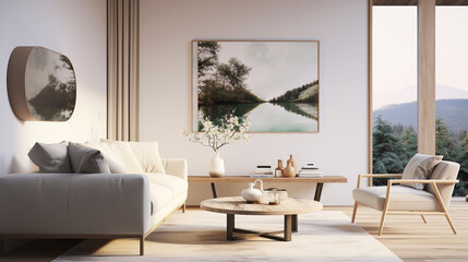 Stylish Living Room Interior with an Abstract Frame Poster, Modern interior design, 3D render, 3D illustration