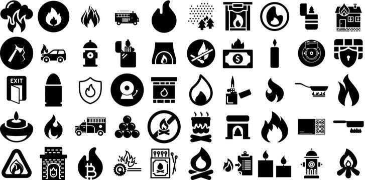 Huge Collection Of Fire Icons Bundle Hand-Drawn Black Cartoon Silhouette Fire, Doorway, Wind, Icon Elements Isolated On White Background