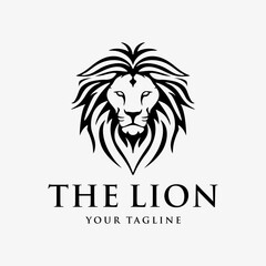 Lion head logo, line art, abstract, black and white, vintage design template vector illustration
