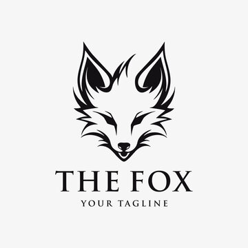 Fox head logo, line art, abstract, black and white, vintage simple design template vector illustration