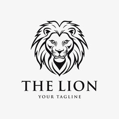 Lion head logo, line art, abstract, black and white, vintage simple design template vector illustration