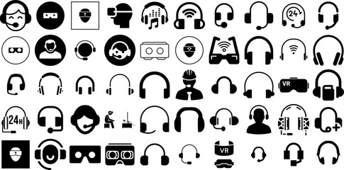 Massive Collection Of Headset Icons Bundle Linear Vector Signs Silhouette, Icon, Hot Line, Music Symbol Isolated On White Background - obrazy, fototapety, plakaty