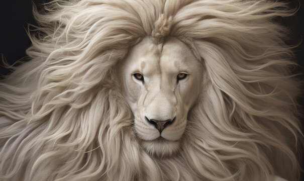  a white lion with long hair on its face and eyes.  generative ai