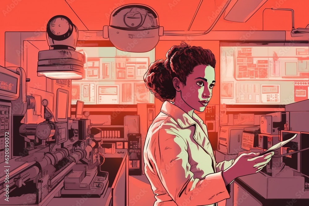 Poster a lady seated in a laboratory and focusing on the display on her computer