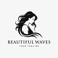 Beautiful woman logo with waves hair, black and white, vintage design template vector illustration