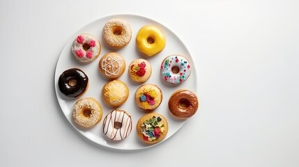 Fototapeta na wymiar Colorful, delicious donuts served on white plate, on a white background. Great for birthday, holiday, greeting, children's concept. Space for text. Generative AI