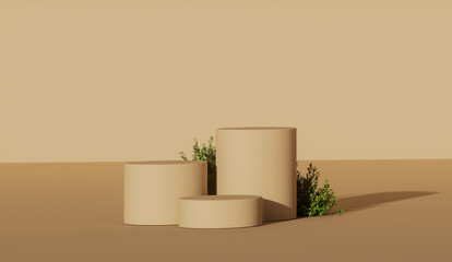 3 Empty yellow or cream cylinder podium floating on bone white copy space background. Abstract minimal studio 3d geometric shape object. Pedestal mockup space for display of product design. 3d render