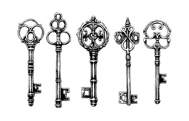 Victorian key collection vintage illustration. Medieval Gothic locks set. Vector keys in engraving - obrazy, fototapety, plakaty