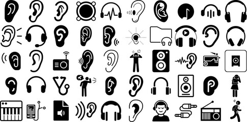 Huge Set Of Listen Icons Pack Linear Concept Symbols Music, Hot Line, Tool, Informed Symbol Vector Illustration - obrazy, fototapety, plakaty