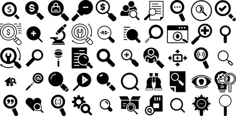 Huge Set Of Magnifier Icons Bundle Hand-Drawn Isolated Vector Silhouette Magnify, Icon, Magnifying Glass, Tablet Logotype Isolated On White Background