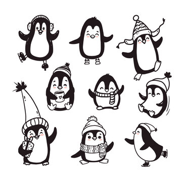 set of penguin isolated on white. Doodle illustration for kids or babies t-shirt design, room decoration, Christmas cards. 
