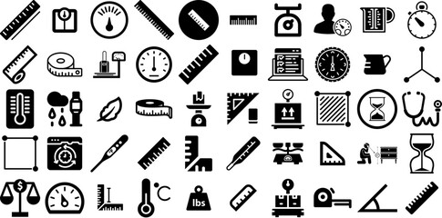 Huge Collection Of Measurement Icons Set Hand-Drawn Linear Concept Silhouettes Interface, Icon, Manufacturing, Health Signs Isolated On Transparent Background - obrazy, fototapety, plakaty