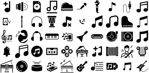 Big Collection Of Melody Icons Pack Isolated Cartoon Elements Note, Music, Classic, Music Instrument Pictogram Isolated On White Background