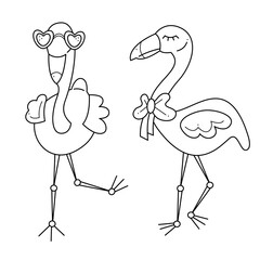 Two cute and funny flamingos. Doodle black and white vector illustration.