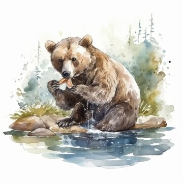 A grizzly brown bear eating salmon on the shore, A wild coastal brown bear catching fish in the river painted watercolor on white background.