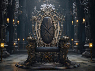 Decorated empty throne hall. Black throne.