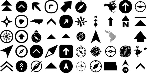 Big Collection Of North Icons Set Hand-Drawn Solid Cartoon Symbol Element, East, Cartography, Design Graphic For Computer And Mobile