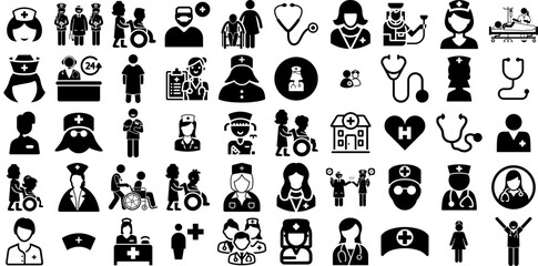 Big Collection Of Nurse Icons Set Hand-Drawn Isolated Simple Symbol Icon, Doctor, Medicals, Midwife Graphic Isolated On Transparent Background - obrazy, fototapety, plakaty