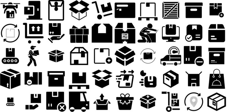 Huge Set Of Parcel Icons Set Hand-Drawn Black Vector Silhouettes Icon, Package, Product, Parcel Illustration For Computer And Mobile