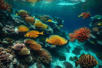 Fototapeta na wymiar coral reef with fish wallpaper and background generated by AI