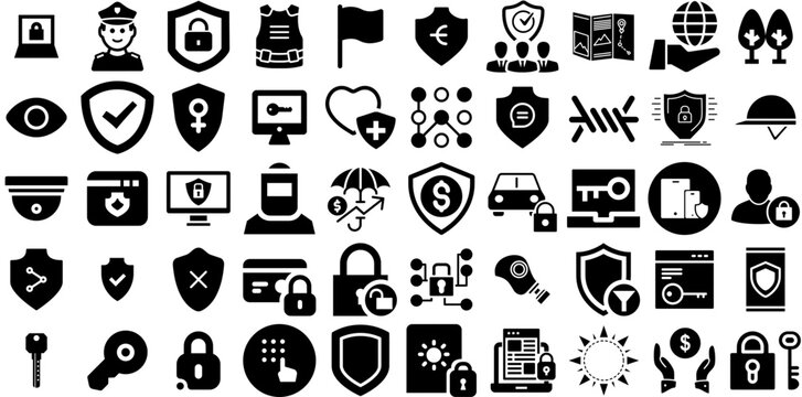 Huge Collection Of Protection Icons Bundle Linear Concept Clip Art Optical, Mark, Health, Set Elements Isolated On White Background