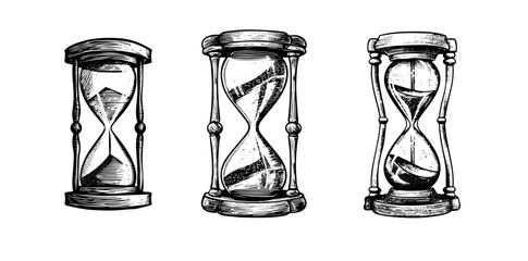 Sand watch glass set engraving vector illustration pack. Hourglass hand drawing vintage style. Antique timer. Ink sketch isolated on white background.
