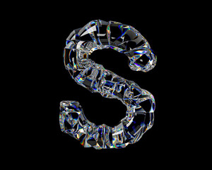 Letters made of natural transparent diamond-like material. 3d illustration of glass alphabet isolated on white background