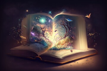 Illustration of a magical book that contains fantastic stories. Open book, fantasy comes out of it  Great for children, kids books illustration, educational concepts.  - obrazy, fototapety, plakaty