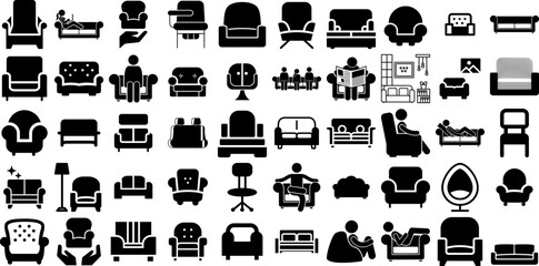 Mega Set Of Sofa Icons Collection Hand-Drawn Solid Simple Silhouette Living Room, Seat, Icon, Couch Elements Isolated On White Background