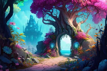Crédence de cuisine en verre imprimé Forêt des fées Magic forest woods with mystic swamp cartoon  landscape. Fantasy enchanted woodland with path to lake with firefly. Mysterious purple fairy panoramic  environment scene with nobody. Pink tones.