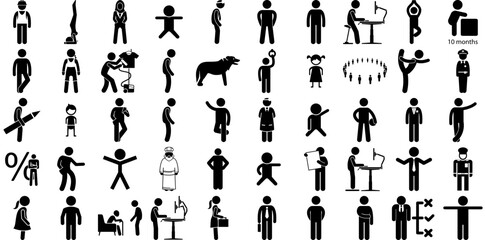 Massive Set Of Standing Icons Bundle Flat Drawing Symbol Businessman, Happy, Christmas, Silhouette Clip Art Isolated On White