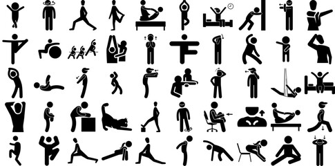 Huge Collection Of Stretching Icons Set Hand-Drawn Black Simple Elements Exercise Bike, Martial Art, Editable, Stretching Silhouettes Vector Illustration