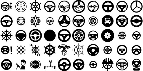Big Set Of Steering Icons Collection Linear Vector Pictogram Icon, Steering, Vehicle, Wheel Logotype For Computer And Mobile
