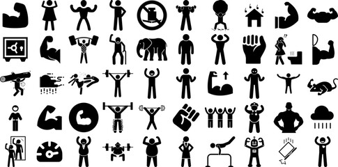 Massive Set Of Strong Icons Pack Hand-Drawn Black Drawing Signs Arm, Icon, Hard-Wearing, Symbol Doodle Vector Illustration