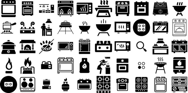 Big Set Of Stove Icons Set Hand-Drawn Isolated Cartoon Glyphs Set, Wood, Icon, Solid Graphic Isolated On Transparent Background