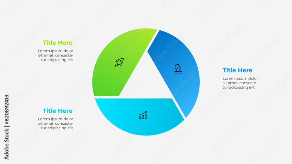 Poster Circle diagram divided into 3 parts with a triangle in the center. Template of three options of business project infographic