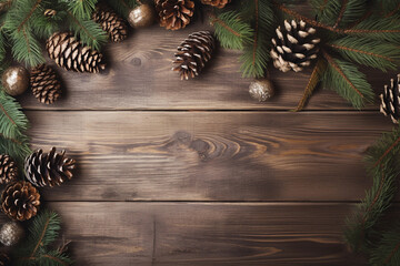 Christmas composition. Christmas fir tree branches, gifts, pine cones on wooden white rustic background. Flat lay, top view. Copy space. Banner backdrop. Generative AI