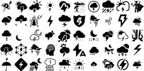 Massive Collection Of Thunder Icons Bundle Flat Simple Glyphs Icon, Electrification, Electricity, Lighting Silhouettes Vector Illustration