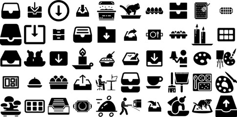 Mega Set Of Tray Icons Collection Hand-Drawn Black Simple Symbol Poultry, Tray, Ice, Carton Symbols Isolated On Transparent Background