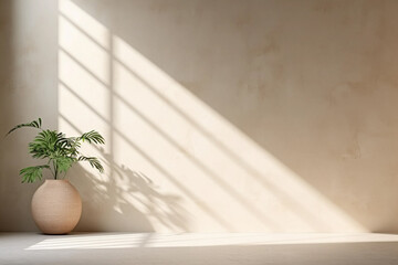 Autumn concept. Blurred shadows from window and palm leaves on the light beige wall. Minimal abstract background for product presentation. Generative AI