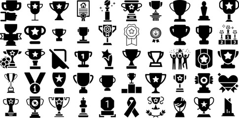 Big Set Of Trophy Icons Set Hand-Drawn Linear Design Pictograms Icon, Entertainment, Badge, Victory Symbol Isolated On White